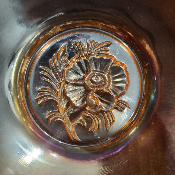 Jeanette Glass Peach/Gold Luster "Egg Nog" Punch Bowl With 6 Cups Carnival Glass - Picture 4 of 12